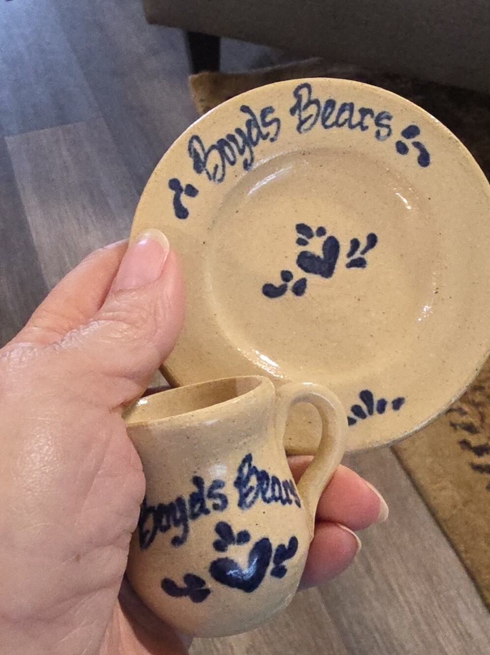 Boyds Bears Beige and Blue Mini Ceramic Creamer & Saucer